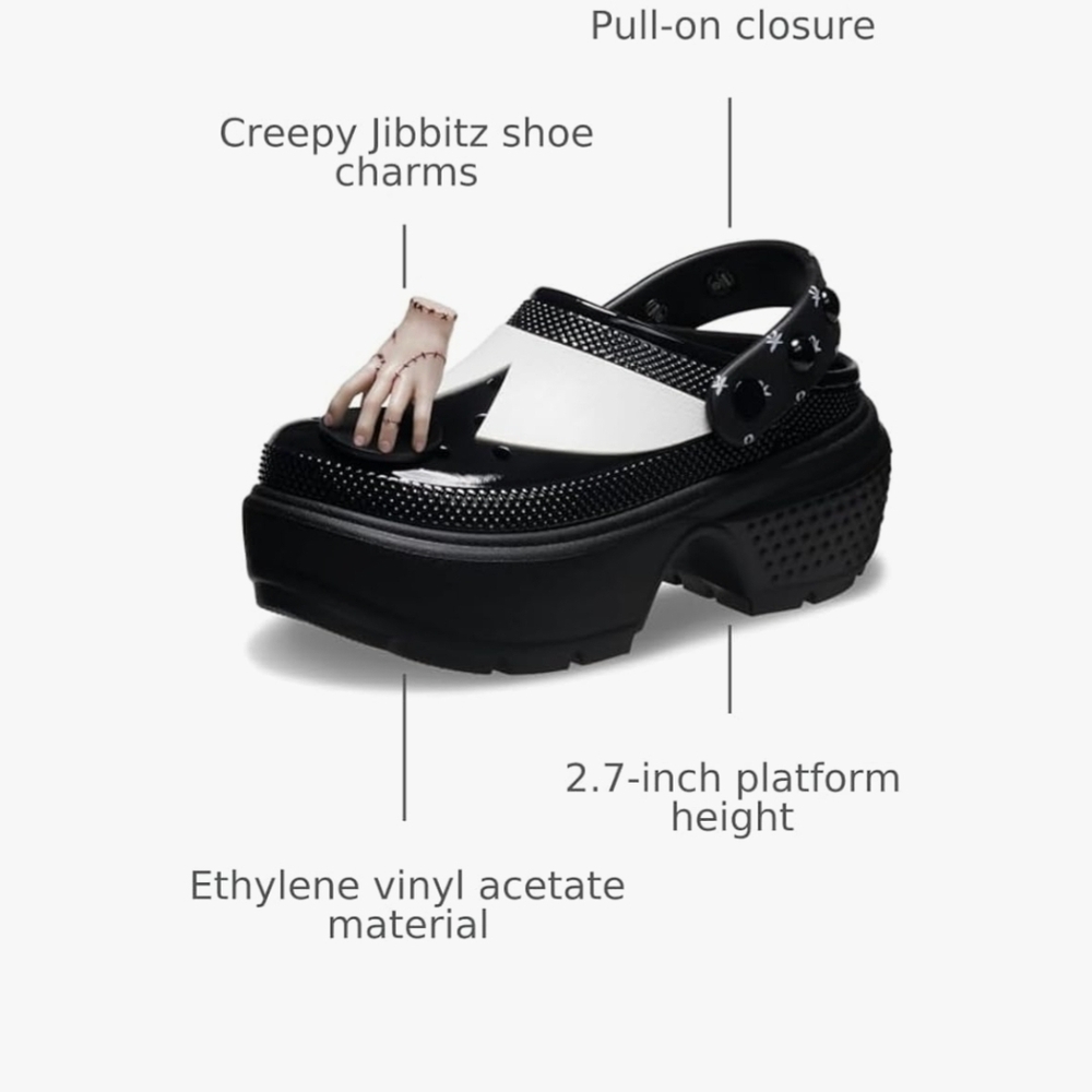 CROCS Black and White Platform Clogs with Unique Charm